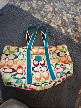 Coach Multicolor Signature Print Tote with Blue Trim
